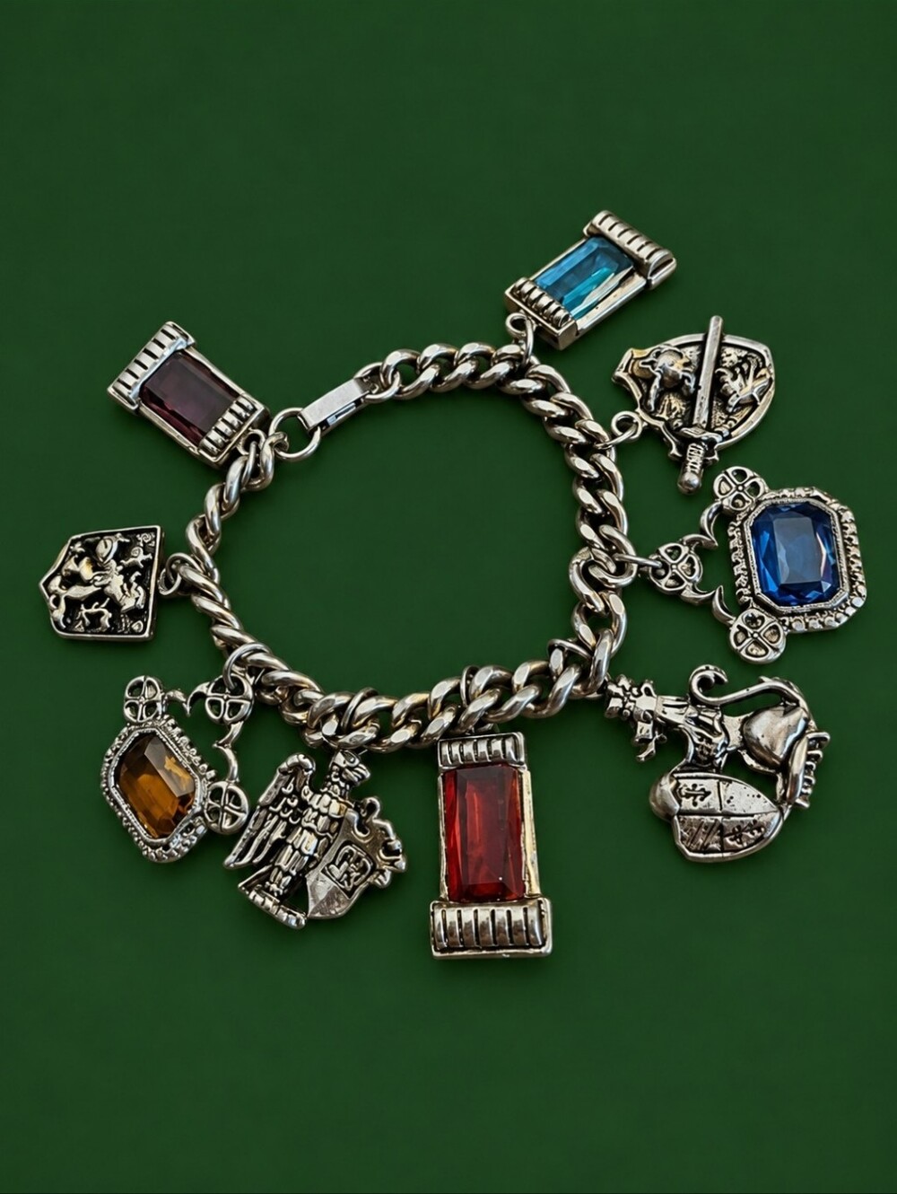 Vintage Medieval Renaissance Castlecore Shield Glass Charm Chain Bracelet